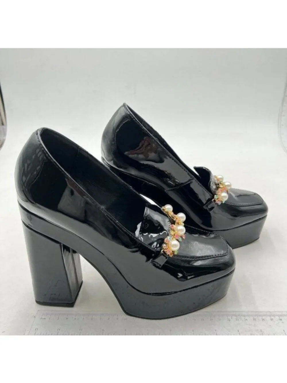 XYD Women Closed Square Toe Pearl Pumps Slip On Rhinestones Platform Black Shoes